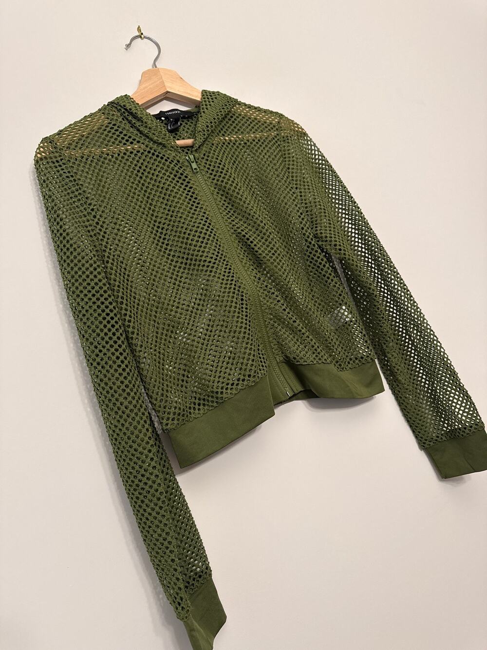 Forever 21 Olive Green Mesh Zip-Up Hoodie – Size L